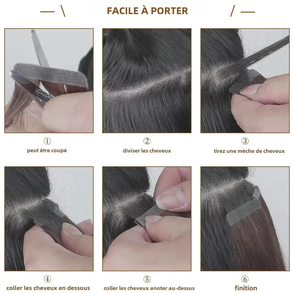 Extensions Adhésives Tape In Cheveux 100% Humains Naturels Double Face – Lot 20 Pièces