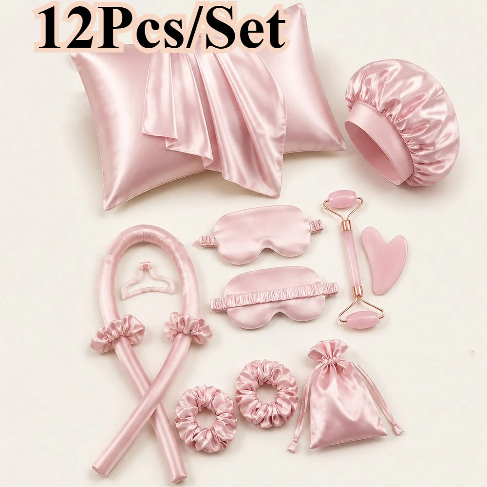 Kit Beauté & Sommeil Complet 8 en 1 : Rouleaux Boucles Sans Chaleur, Taie Satin, Masque Soie, Gua Sha