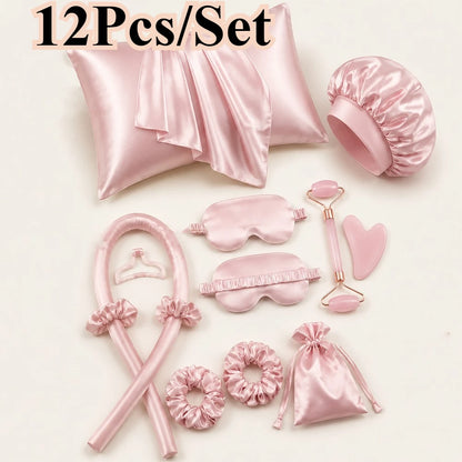 Kit Beauté & Sommeil Complet 8 en 1 : Rouleaux Boucles Sans Chaleur, Taie Satin, Masque Soie, Gua Sha