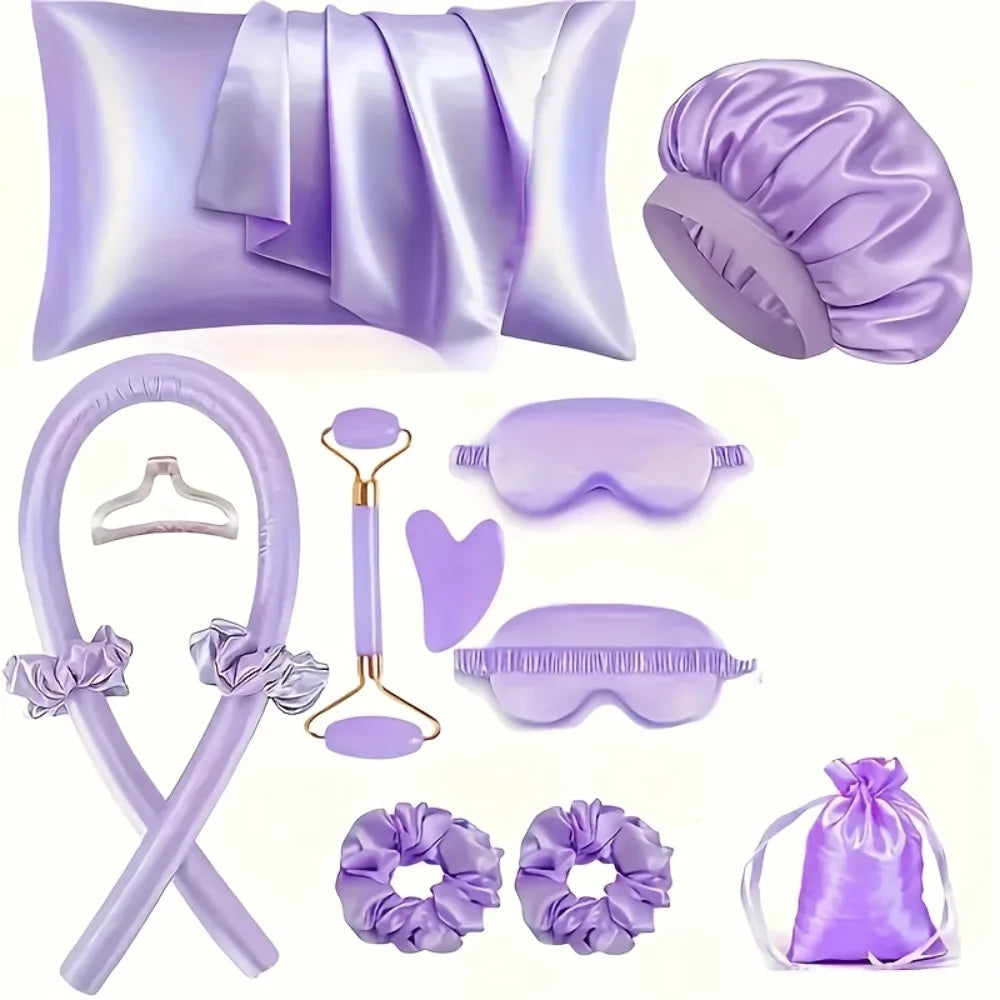 Kit Beauté & Sommeil Complet 8 en 1 : Rouleaux Boucles Sans Chaleur, Taie Satin, Masque Soie, Gua Sha