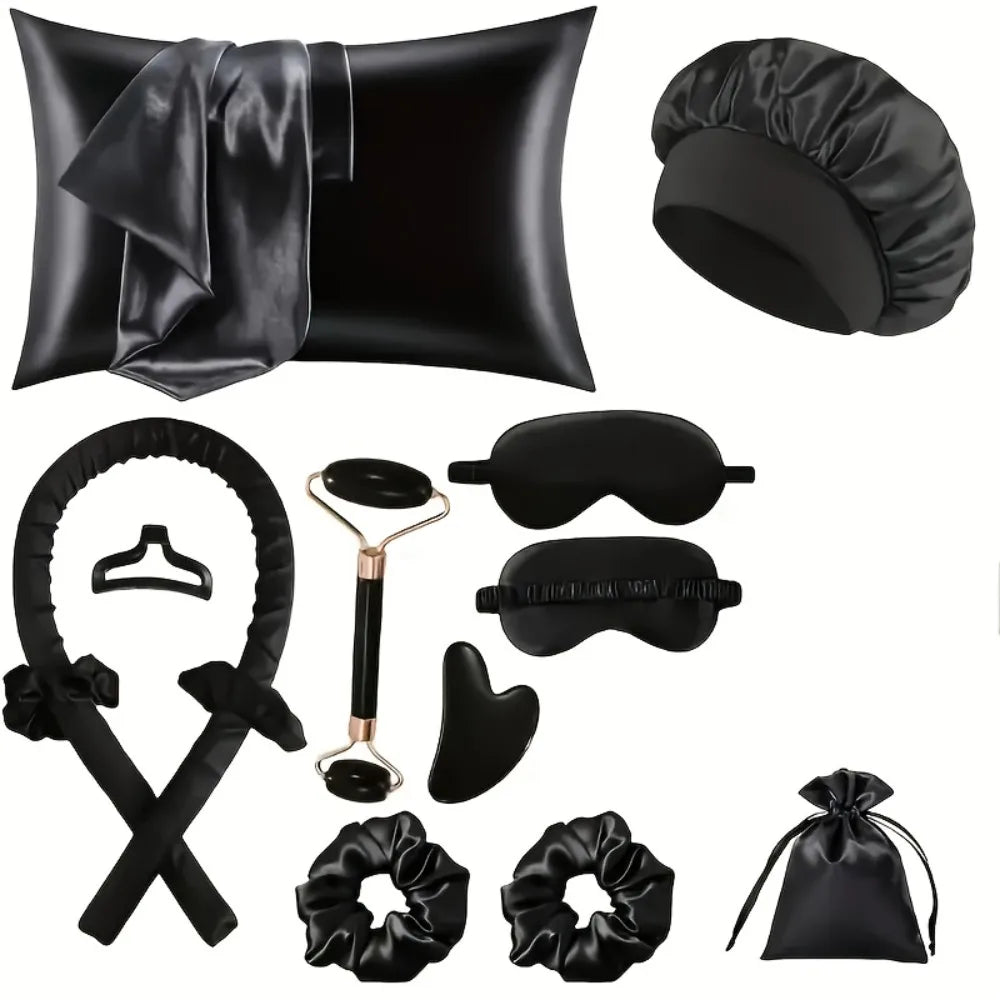 Kit Beauté & Sommeil Complet 8 en 1 : Rouleaux Boucles Sans Chaleur, Taie Satin, Masque Soie, Gua Sha