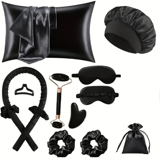 Kit Beauté & Sommeil Complet 8 en 1 : Rouleaux Boucles Sans Chaleur, Taie Satin, Masque Soie, Gua Sha