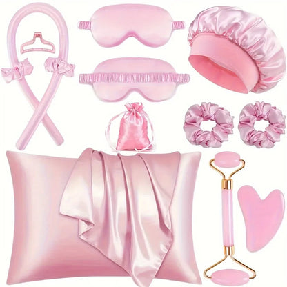 Kit Beauté & Sommeil Complet 8 en 1 : Rouleaux Boucles Sans Chaleur, Taie Satin, Masque Soie, Gua Sha