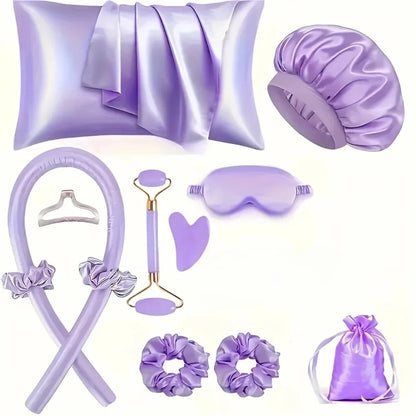 Kit Beauté & Sommeil Complet 8 en 1 : Rouleaux Boucles Sans Chaleur, Taie Satin, Masque Soie, Gua Sha