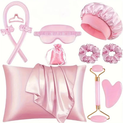 Kit Beauté & Sommeil Complet 8 en 1 : Rouleaux Boucles Sans Chaleur, Taie Satin, Masque Soie, Gua Sha