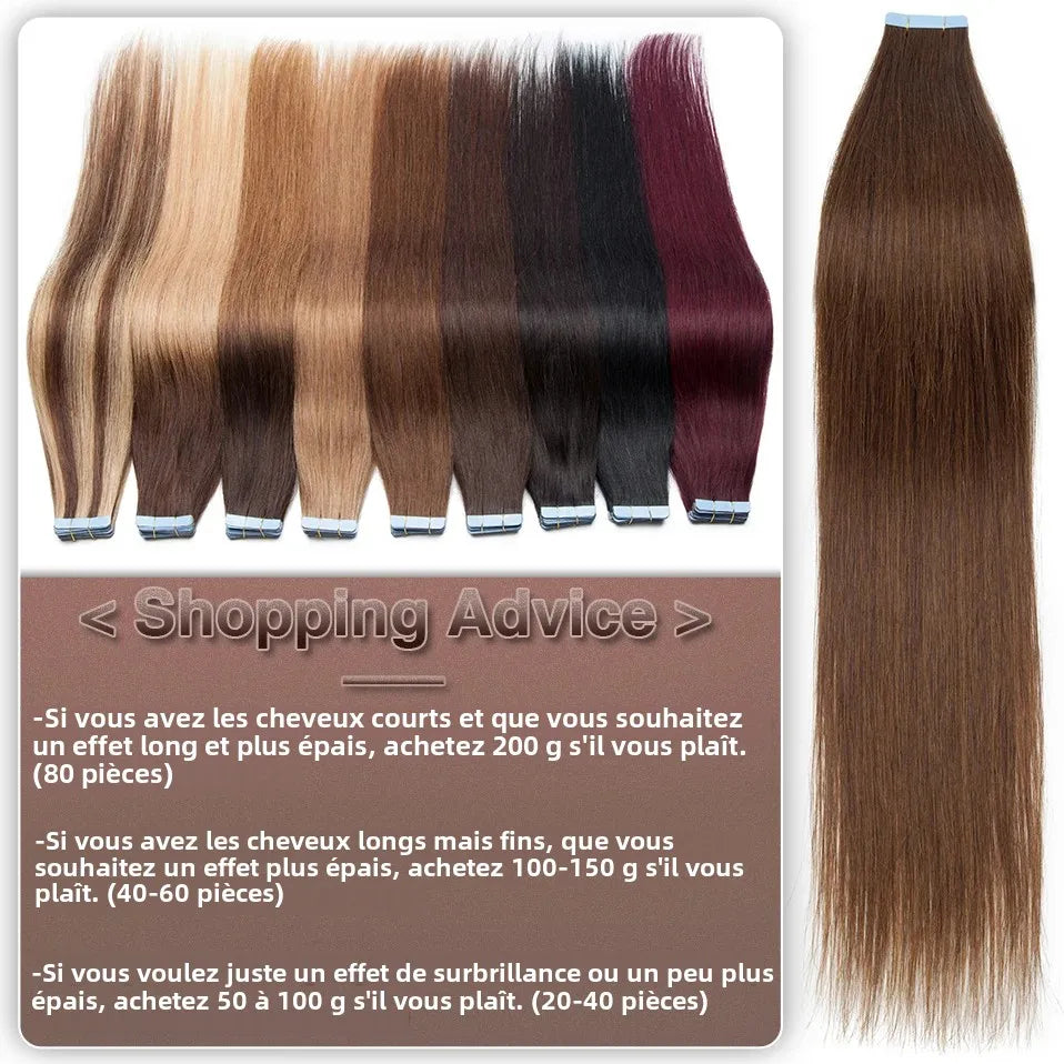 Extensions Adhésives Tape In Cheveux 100% Humains Naturels Double Face – Lot 20 Pièces
