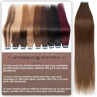 Extensions Adhésives Tape In Cheveux 100% Humains Naturels Double Face – Lot 20 Pièces