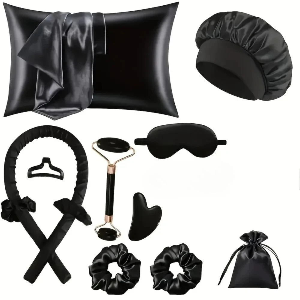 Kit Beauté & Sommeil Complet 8 en 1 : Rouleaux Boucles Sans Chaleur, Taie Satin, Masque Soie, Gua Sha